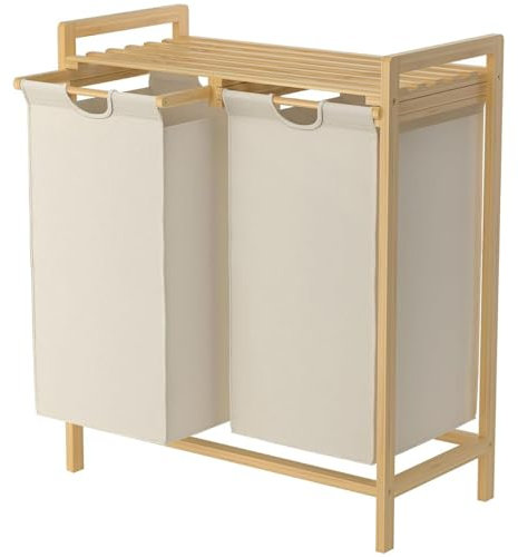 Cesto portabiancheria a doppio scomparto in bambù, ideale per bagno e lavanderia, separato dai vestiti scuri e bianchi