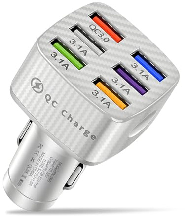 JNNJ LED Quick Charge 3.0 Adaptador Cigarrillo Coche Cargador Enchufe Múltiple, Adaptador Cargador Coche USB Universal 6 Puertos, Accesorios Decoración Interior Universales para Automóviles(Blanco)
