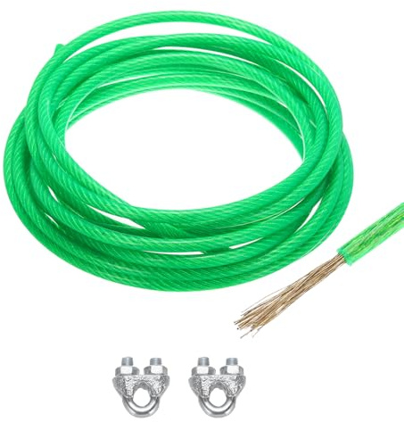 QUARKZMAN 6 Meter x 8mm Drahtseil Verzinkte, Stahlseil Spanndraht Ummantelt mit 2 x M8 Drahtseilklemme, Stahlkern Gardinenseil Wäscheleine Forstseil für Kletterpflanzen Vorhang, Grün