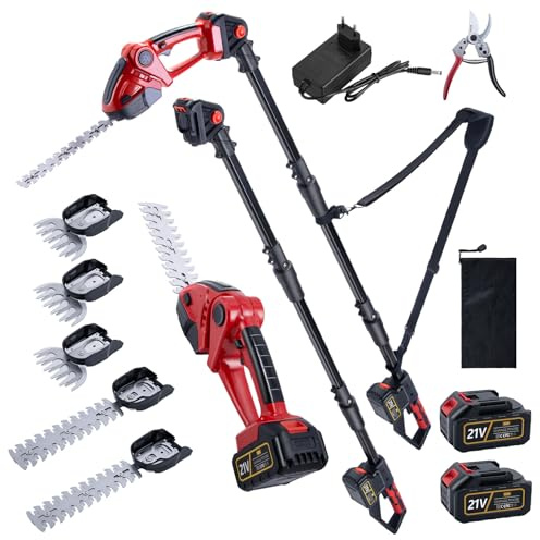 CHANGEMOORE 21V Akku-Heckenschere Teleskopstange 105-207cm, 3-in-1 Schere | 3-in-1 Strauch-/Grasschere, 22+13cm Klingen, 135°/90° verstellbar, 2x1500mAh Akku, 2,4kg, mit Gurt & Sicherheitsschalter