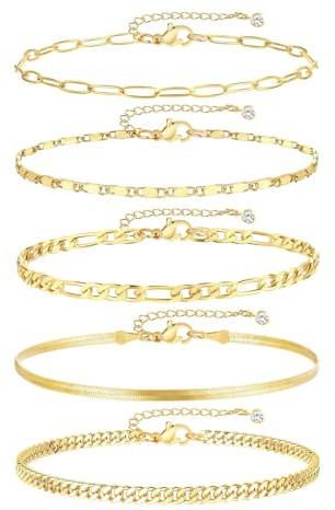 TELAIN 5 stycken guldfotarmband för kvinnor, 14k guld-plätering, vattentät, kuban-kedjor, ankle-set, flera armband för strandgåvor, justerbar storlek, L