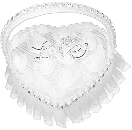 CHILDWEET Cuscino Romantico per Fedi Nuziali con Portafedi a Forma di Cuore in Pizzo per Decorazioni di Fidanzamento E Matrimonio