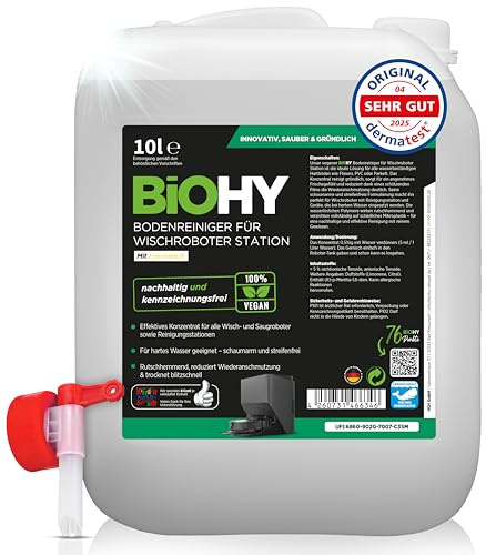BiOHY Nettoyeur de sol pour station de nettoyage avec parfum frais (bidon de 10 l) + robinet de vidange, concentré de détergent pour tous les robots d'essuyage et d'aspiration avec fonction humide,