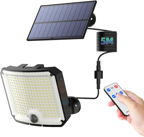 WeBeqer Focos Led Exterior Solares, 208LED Luz Solar Exterior con Sensor de Movimiento 3 Modos, IP65 Impermeable Lampara Solar con Mando a Distancia, Ultra Gran Angular de 170°con Cable de 5M