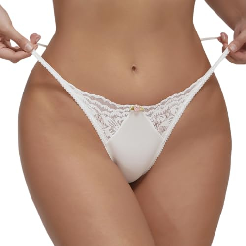 LELEKALE Damen Schwarz Niedrige Taille Spitze Sexy Tanga Strings Ouvert Dessous Frauen Schritt Tangas G-String Reizwäsche V-String Höschen Sexy Unterwäsche für Frau (XS,weiß)