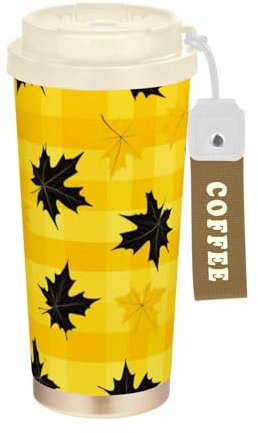 Vaso de viaje decorativo para café con tapa para llevar, de acero inoxidable, para derrames calientes y fríos, 17 onzas, color amarillo y negro