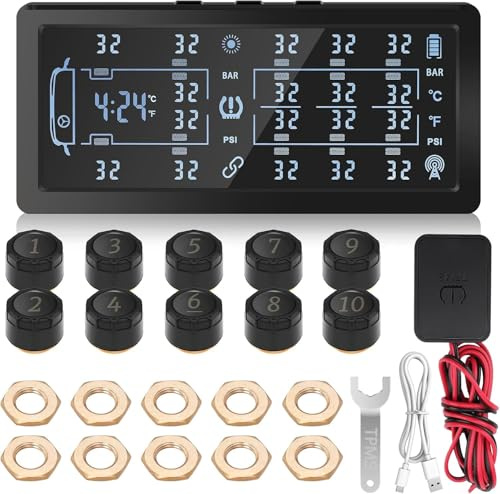 Avutrel 0-188PSI TPMS für 4-6-8-10 Räder Reifendruckkontrollsystem Solar USB Aufladen Reifendruckmonitor mit 8 externen Sensoren, LCD-Display and Sprachalarm, Passt Auto LKW Anhänger Wohnwagen