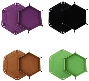 4er Set Würfelteller Hexagon – Faltbare Würfelmatte aus PU-Leder & Samt – Dice Tray/Würfelunterlage für DND, RPG, 4 Farben, tragbar (Schwarz, Braun, Lila, Grün)
