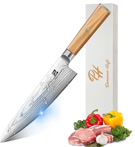 Damascus Chef Knife, 8 Inch Damascus Japanese Chef's Knife with VG10 High Carbon Steel, Professional Kitchen Knife with Olive Wood Handle & Gift Box, Sharp Cooking Knives for Home Kitchen Gift Idea