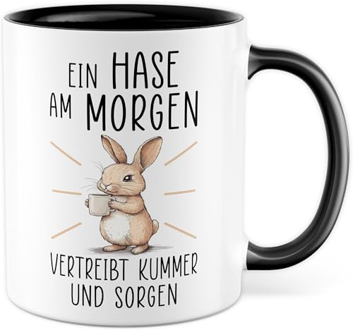 Hase Tasse mit Spruch – Geschenk Ein Hase am Morgen vertreibt Kummer und Sorgen – Kaffeetasse 330ml aus Keramik – Hasen Tierliebe Haustier Freundin Kollege Kaffee-Becher