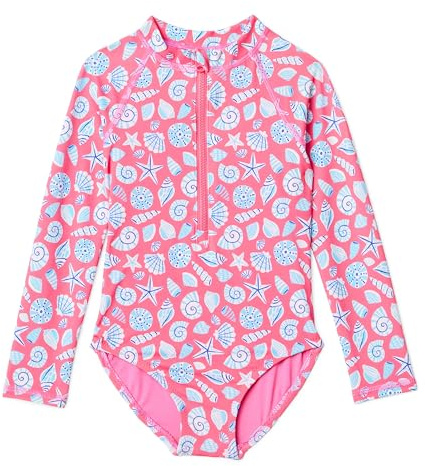 Amazon Essentials Girls' Long Sleeve Rash Guard One-Piece Swimsuit, Hot Pink Shells, Medium