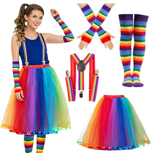 CUVZORA Costume arcobaleno da donna, costume da carnevale colorato, gonna in tulle, arcobaleno, bretelle, guanti, calze rockabilly, costume da donna anni '50, costume di Halloween per uomo e donna