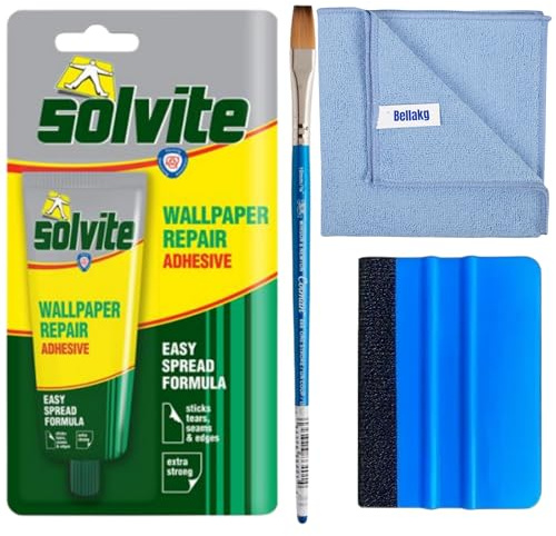 Solvite Wallpaper Repair Adhesive Tube | Includes +1 Microfiber Cloth + 1 Nylon Bristle Brush + 1 Blue Vinyl Squeegee | Strong Wall Paper Paste for Wallpaper Borders, Wall Repair & Ceiling Wallpaper B