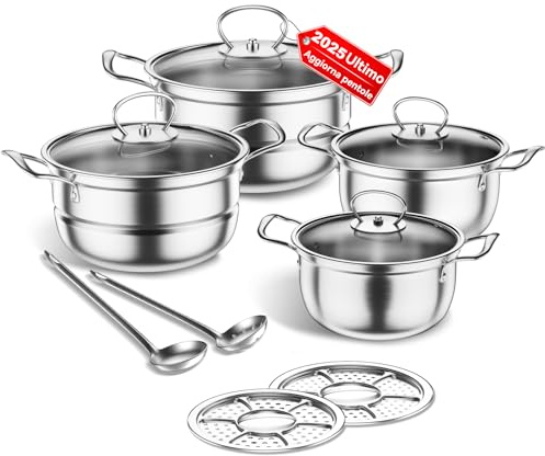 Set di pentole in acciaio inox, set di pentole da 12 pezzi con vaporiera e cucchiaio, set di pentole per cottura a induzione di grandi dimensioni, adatto a tutti i tipi di fornelli (Grigio chiaro)