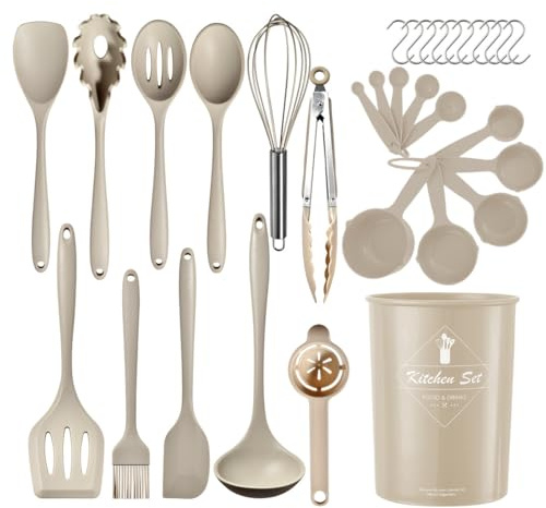 Ensemble de 32 ustensiles de cuisine en silicone avec poignée en acier inoxydable résistants à la chaleur et antiadhésifs avec porte-ustensiles lavables au lave-vaisselle Kaki (sans BPA)