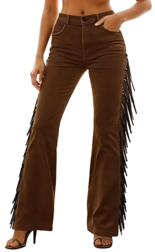 Eauptffy Reithose Damen Cowboy Cowgirl Kostüm Wildlederimitat Fransenhose Retro Wildlederhose Lange Western Chaps mit Quasten Vintage Hose Karneval Party Westliche Pants