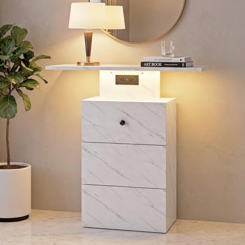 Console Meuble avec éclairage LED, Console d'entrée étroite à Prise et USB, 1 Tiroir de Rangement, Tables Consoles de Salon en Bois, Petite Console pour Canapé, Couloir et Entrée (Blanc Style Marbre)