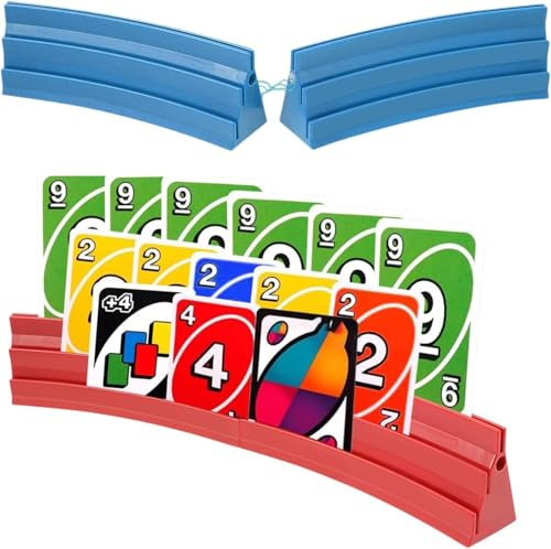KEGAJEGA Kartenhalter Spielkarten 4 Stück 3 Rampen Magnetische Spielkartenhalter Gebogenes Design Stackbar Freihändiger Kartenhalter für Poker zur Kinder Senioren Arthritis (Rot Blau)