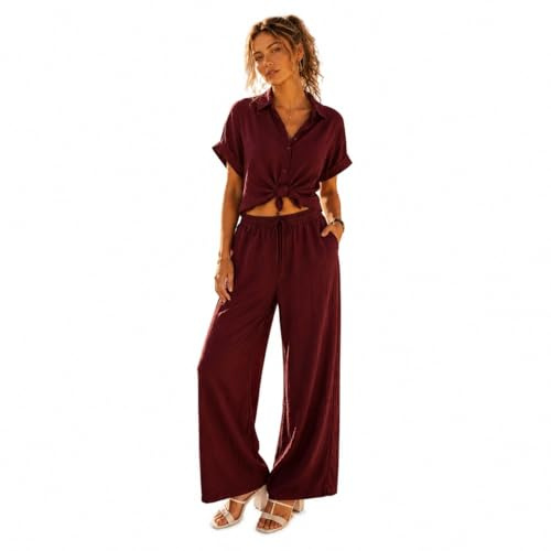 FEZI Completo Donna Estivo 2 Pezzi – Set Coordinato Elegante, Top e Pantaloni Wide-Leg, Completo Leggero per Vacanze, Mare e Relax, Outfit Estivo Casual Chic (Rosso Scuro, Taglia unica)
