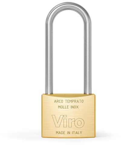 Viro | Lucchetto Rettangolare Antiscasso in Ottone Massiccio Satinato, Base 60mm, Arco 90mm in Acciaio Cementato, Resistente