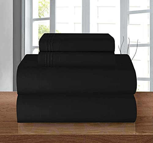 Elegant komfort lyxig 1 500 premium hotellkvalitet mikrofiber 4-delat lakanset – skrynkelbeständigt, elastiskt dra-på-lakan runt, djup ficka upp till 40 cm, hel, svart