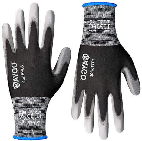 KAYGO Ultra Thin PU Coated Safety Work Gloves, 12 Pairs Nylon Knit, High Dexterity Anti-Slip Breathable Light Duty Gloves for Precision, Warehouse, DIY & Electronics (M,Gray)