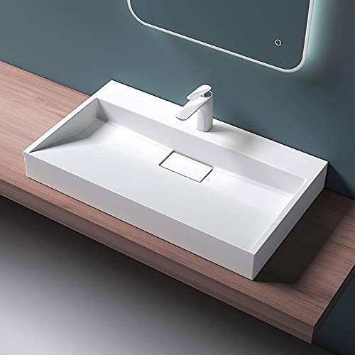 Mai & Mai Waschbecken Weiß Matt Aufsatzwaschbecken Hängewaschbecken Hängewaschtisch inkl. Ablaufgarnitur Mineralguss Rechteckig Waschplatz 1 Armaturenloch Breite: 80cm