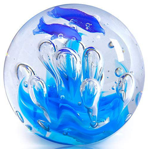 EUSTUMA Esfera Azul de Vidrio Soplado a Mano, Pisapapeles de Bola Azul, Colección de Mar para Regalo de Cumpleaños (Bola de Burbujas de Coral)
