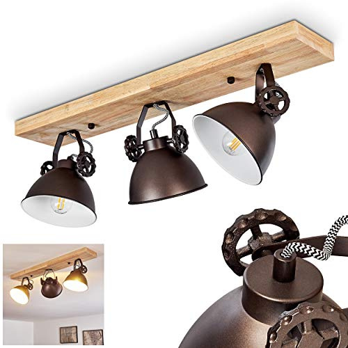 HOFSTEIN Deckenleuchte Svanfolk, verstellbare Deckenlampe aus Metall/Holz in Schwarz-Braun/Natur, Leuchte im Industrial/Vintage-Design mit Holzbalken, 3xE14, Wohnzimmer, Esszimmer, Schlafzimmer, Küche