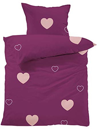 Lavea Bettwäsche Set – Milena 135 x 200 cm + 80 x 80 cm – Herzmotiv Bordeaux-Rosa – Bio Bettwäsche Mädchen – 100% Baumwolle – GOTS Zertifiziert – mit Reißverschluss