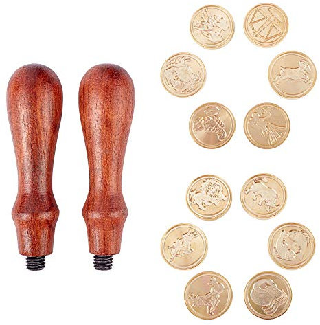 craspire 14 Stück Wax Seal Stamp Kit, Zwölf Sternbilder Versiegeln von Wachsstempelköpfen Mit 2 Holzgriffen Abnehmbarer Messingkopf-Versiegelungsstempel Für Einladungskarten Geschenkpaket Dekoration