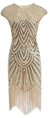 MIMIKRY 20er Jahre Charleston Pailletten Kleid Creme/Gold mit Fransen Flapper Damen-Kostüm