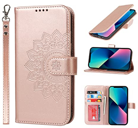 ELTEKER Cover per iPhone 13 Mini, Custodia in Pelle Flip Libro Pieghevole con Slot per Scheda e Funzione di Supporto, Oro Rosa