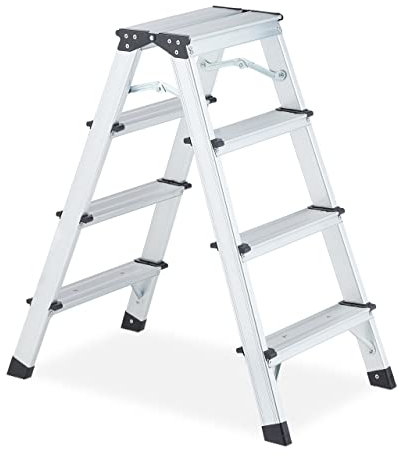 Relaxdays Trittleiter, 4 Stufen, klappbare Bockleiter, Alu, beidseitig begehbar, bis 120 kg, Stehleiter, Silber/schwarz