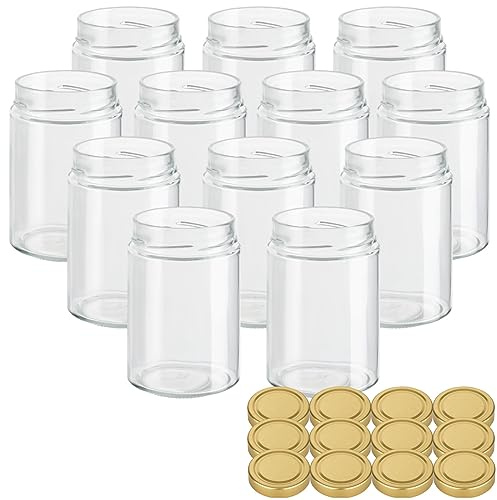 gouveo 12er Set Vorratsgläser 500 ml mit Schraubdeckel goldfarben (Deep) - Einmachgläser für Overnight Oats - Mason Jar für Salat, Chutney, Joghurt, Marmelade, Babynahrung (EGKD500G)
