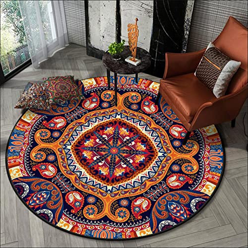 makeups58 Klassischer Orientteppich rund Ornamente Muster Teppich Kurzflorteppich Outdoor Teppich Retro-Ethno-Muster, ø 90 cm