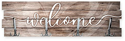 Wandgarderobe Welcome aus Holz im Shabby-Chic-Design farbig bedruckt ca. 30x100cm 4 Doppel-Haken Made in Germany (Welcome)