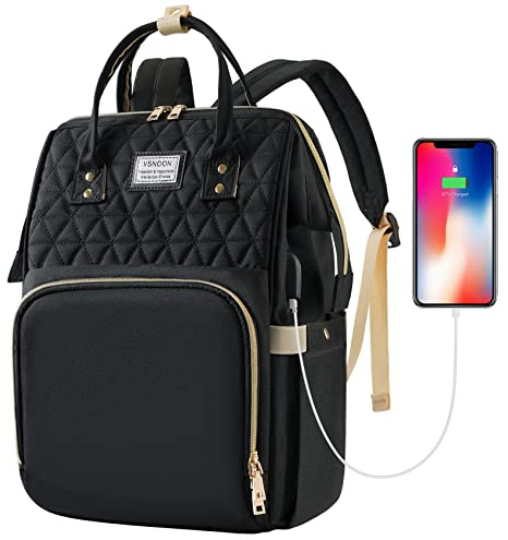 VSNOON Laptop Backpack for Women, 17.3 Inch Travel Backpack Wide Open | Stylish Laptop Rucksack with USB Charging Port, Water Resistant Work Bag Computer Backpack for Women, Large Black