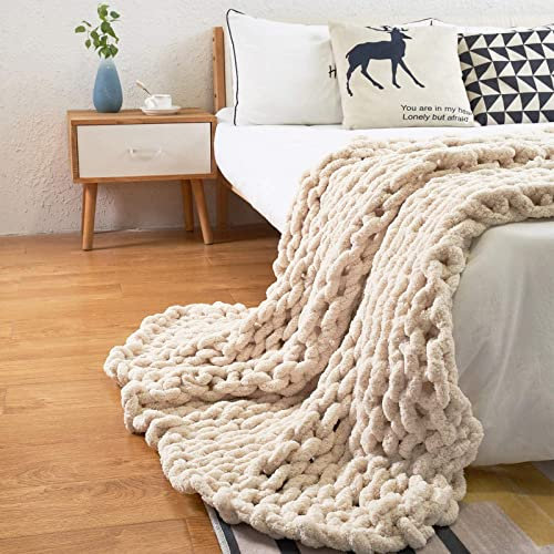 PRELGOSP Strickdecke Weicher Grob Gestrickte Kuscheldecke, Handgefertigt Wolldecke Strick Haustier Bett Stuhl Sofa Yoga Matte Teppich,Beige,60x80cm