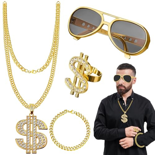 Dräktset med 4 stycken hallmöbler kostym gyllene dollar kedja set, 80-tals 90-tals outfit män hip hop kostym guldkedja gangster, hiphop rapper tillbehör för män kvinnor karneval fest, Guld, 1