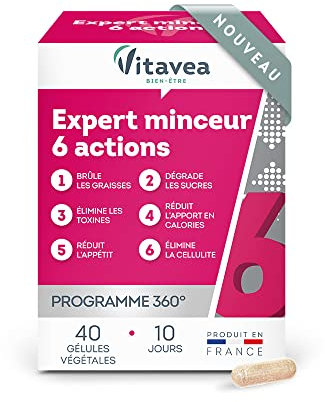 VITAVEA BIEN-ETRE Expert Minceur 6 actions en 1 - Complément Alimentaire Minceur, Cellulite, Contrôle du poids, Elimination - Thé vert Guarana Gymnéma 40 gélules Cure 10 Jours Fabriqué en France
