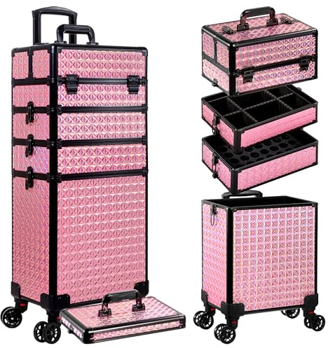 Arous 5-i-1 professionellt makeupfodral i aluminium sminkväska rullande makeupfodral extra stor vagn makeup reseorganisatör, med 360° vridbara hjul, rosa ., Rosa, Rullande makeup-tågfodral stor