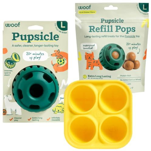 WOOF Starter Pack - Interactive Dog Ball Toy for Boredom - Dog Treat Molds Silicone - Chicken-Flavored Healthy Treats for Dogs - Pupsicle Doggy Enrichment Toy - for Large Pups - 25-75 lbs