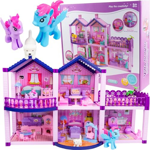 Martom Puppenhaus mit Zubehör und Ponys - Traumspielzeug für Mädchen Tierpflegespielzeug, Tierfiguren, Puppenhausmöbel, Lernspielzeug, Geschenk für Kinder, Jungen, Mädchen