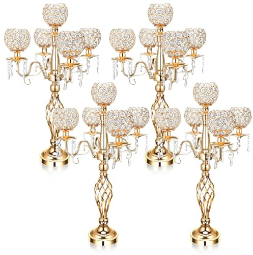 Nitial 4 Pcs 5 Arm Crystal Candelabra Centerpieces for Table 27 Inch Retro Victorian Crystal Candle Holders Bowl Table Centerpieces Decor for Wedding Banquet Valentine Dinner Party Event (Gold)