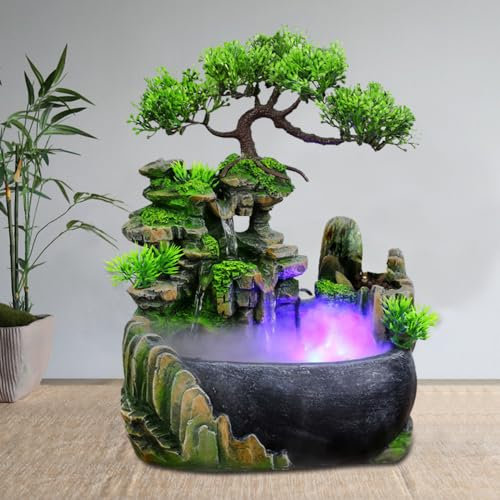 Fontana da interni con LED soggiorno a cascata fontana da tavolo, giardino roccioso fontana d'acqua scrivania cinese Fengshui cascata tavolo bonsai ornamento piante verdi fontana da interno (D)