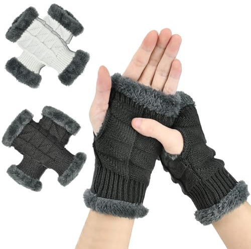 NAROSEBE Winterstrickhandschuhe Fingerlose Handschuhe Damen, 2 Paar Winter Halb Fingerhandschuhe, Winter Gestrickte Fingerlose Handschuhe Ohne Fingerkuppen (weiss und grau, M)