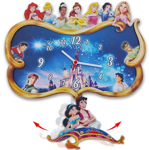 Trend Tick Prince and Princess Themed Swinging Wall Clock, Fairy Tale Wall Clock, Girl Room Wall Art Decor, Princess Girls Bedroom Decor, Magical Characters Clock, Classic Animation Characters.