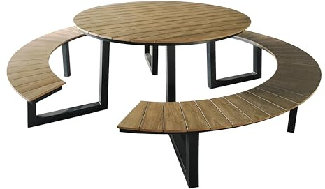 AXI Taco runder Picknicktisch in Teak Holz Look & Anthrazit für 6 Personen | Picknick Tisch, Picnic Table/Picknickbank Rund für Erwachsene aus Aluminium, Polywood | Set für den Garten | 200 x 190 cm