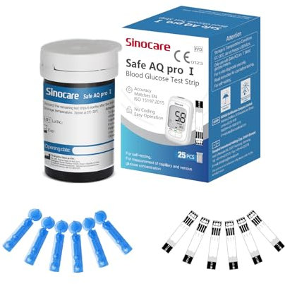 Sinocare Safe AQ Pro I Blood Glucose Test Strips 25pcs & Lancing Devices 25pcs, Composite Silver Electrode Test Strips, Only for Sinocare Safe AQ Pro I Blood Sugar Monitor